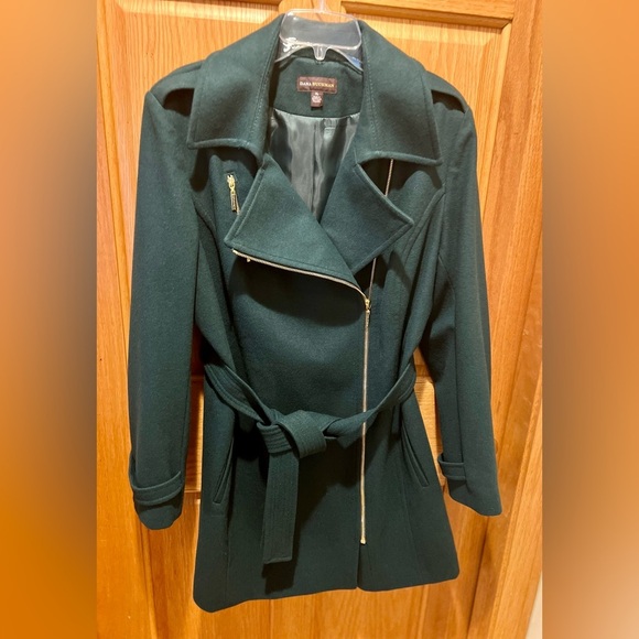 Dana Buchman Asymmetrical Belted Dark Green Trench Coat w/ Gold Zipper Buttons - Picture 11 of 16
